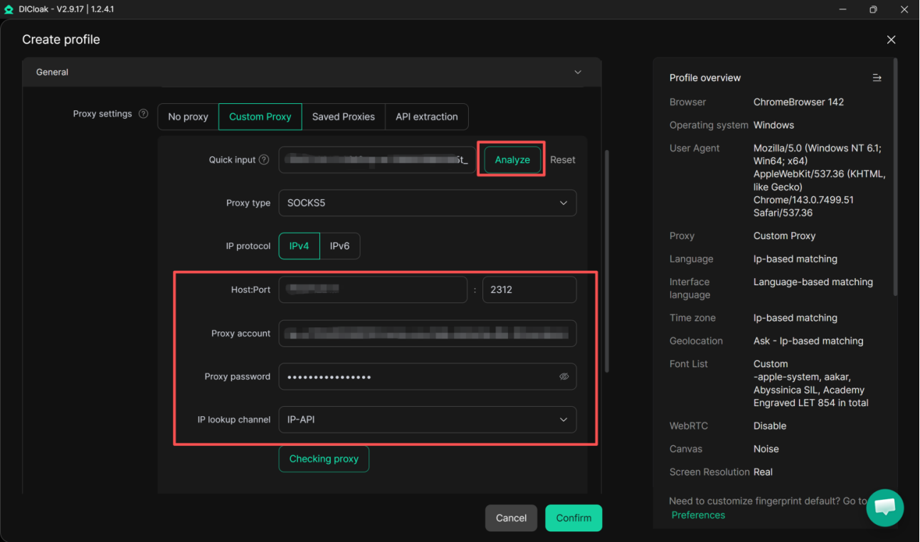 Analyze the OkkProxy details and populate the DICloak proxy fields