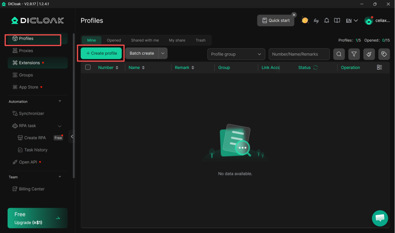 Open Profiles and click Create Profile in DICloak