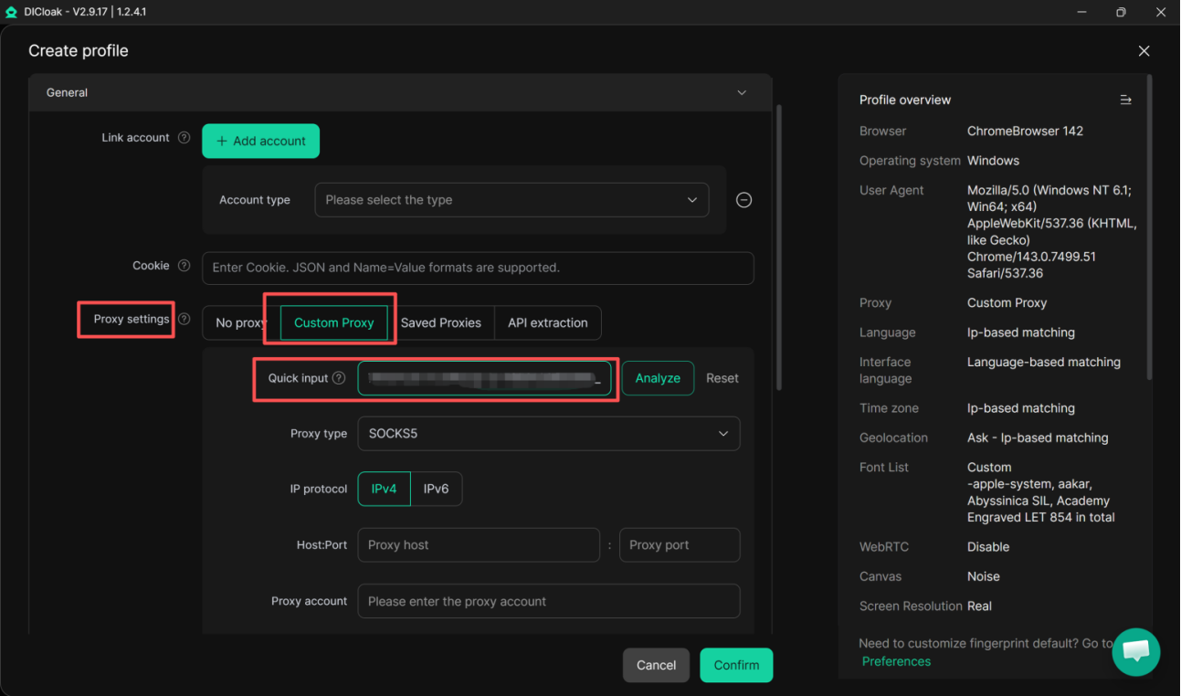 Select Custom Proxy in the DICloak Proxy Settings section