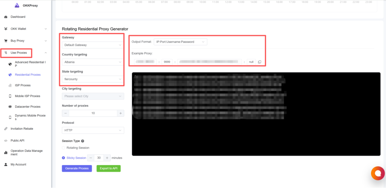 Get the proxy connection details from the OkkProxy Use Proxies section
