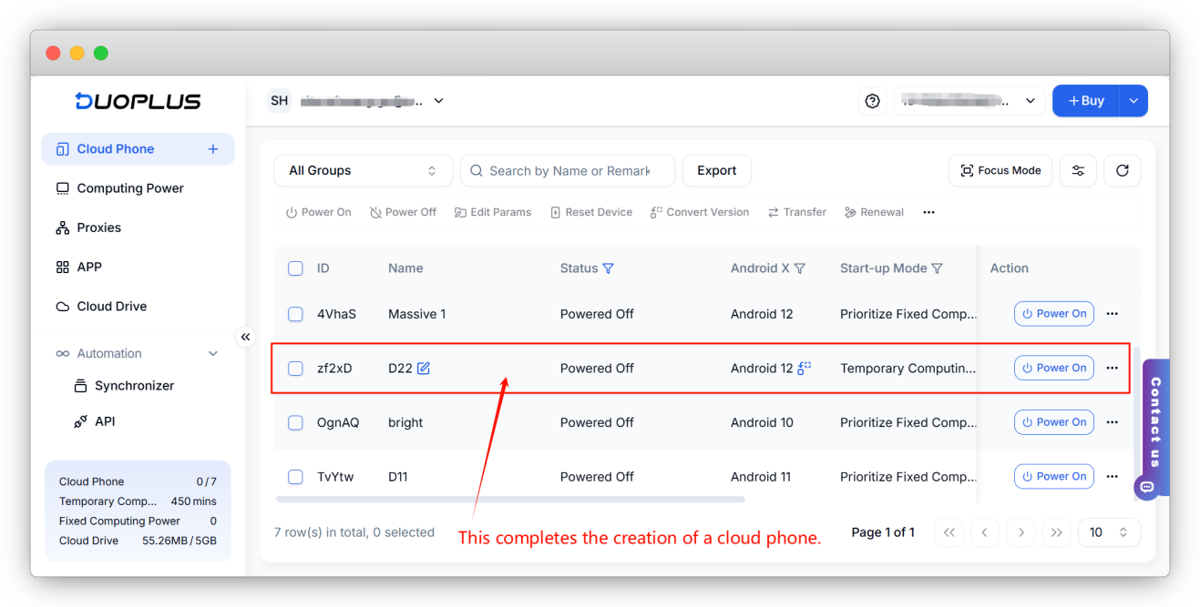 Confirm that the DuoPlus cloud phone has been created
