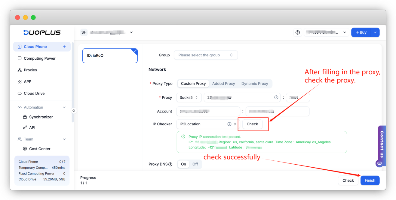 Test the proxy and finish the DuoPlus configuration