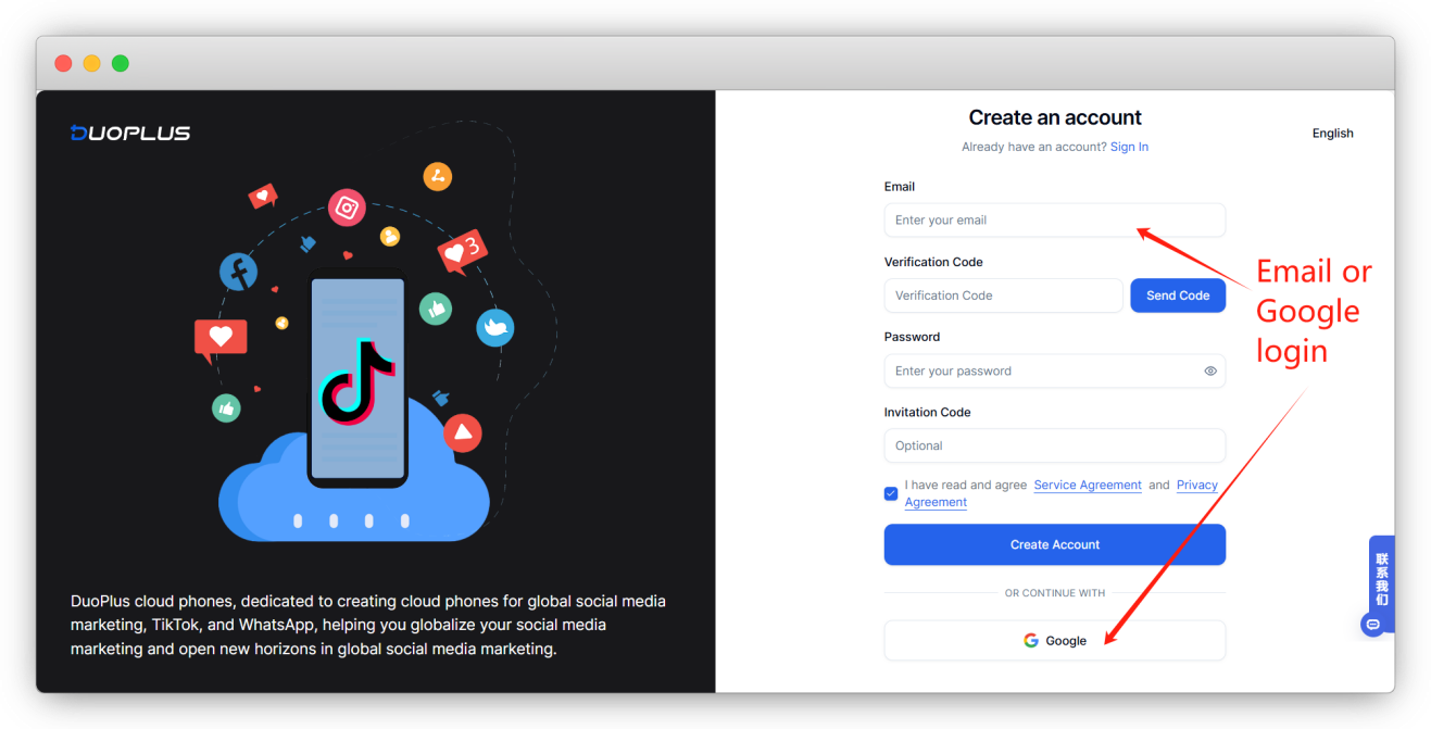 Register a DuoPlus account with email or Google
